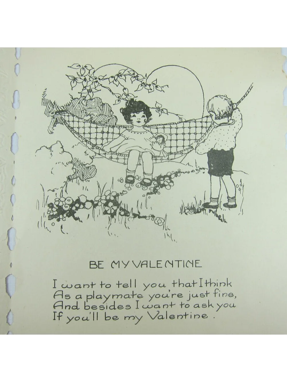 Antique Valentine Girl Pink Dress Cupid Purple Flowers Boy Hammock UNSIGNED